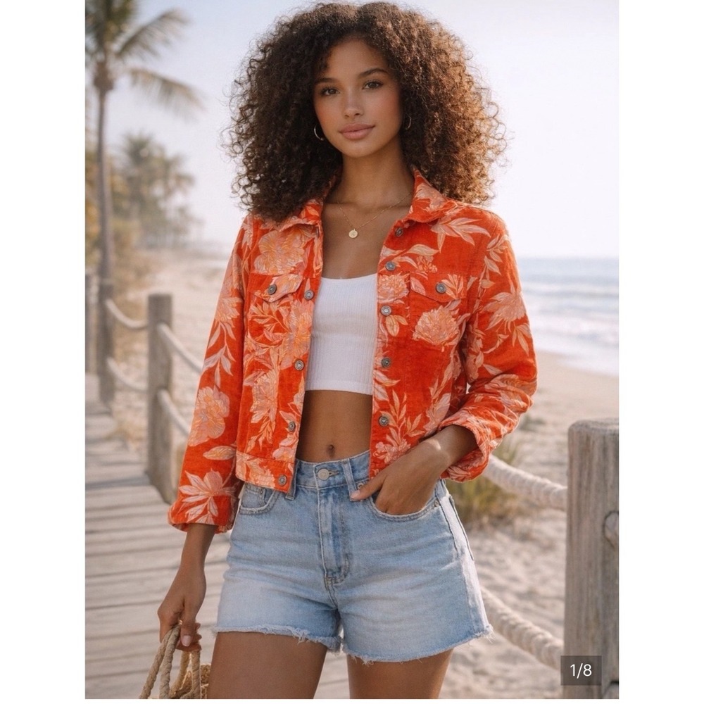 Cynthia Rowley Womens Orange Floral‎ 100% Linen Button Up Trucker Jacket Size M